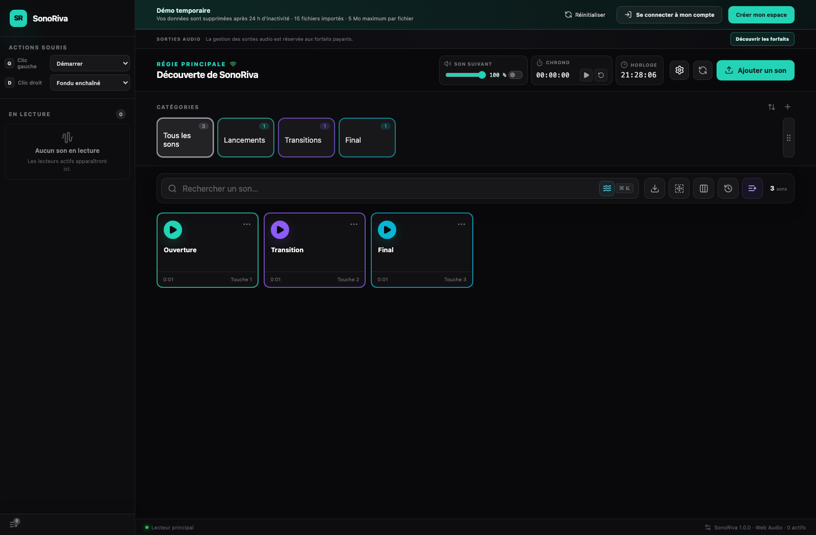 Soundboard de la régie son cloud SonoRiva dans un navigateur