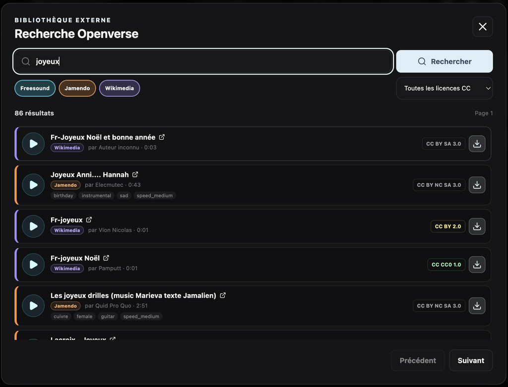 Recherche et import de sons dans la bibliothèque Openverse